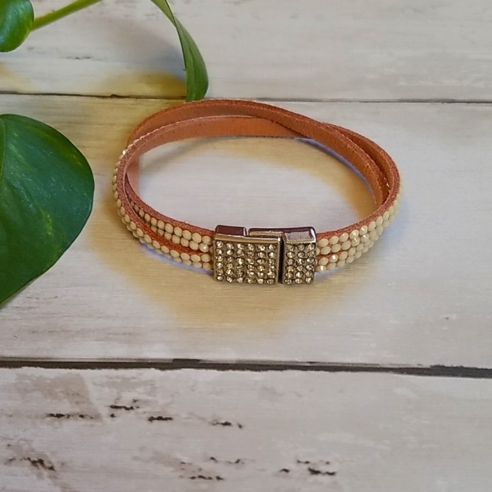 White Beaded Cord and Rhinestone Magnetic Bracelet
